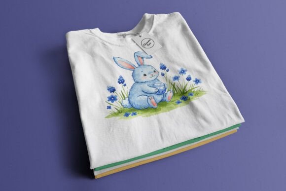 Download Blue Watercolor Bunny with Flowers PNG - Premium Resources